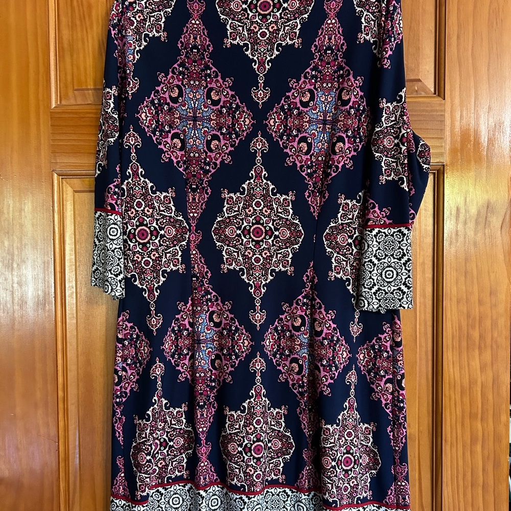 London Times Blue and Pink A-Line Dress with Cuffed Sleeves